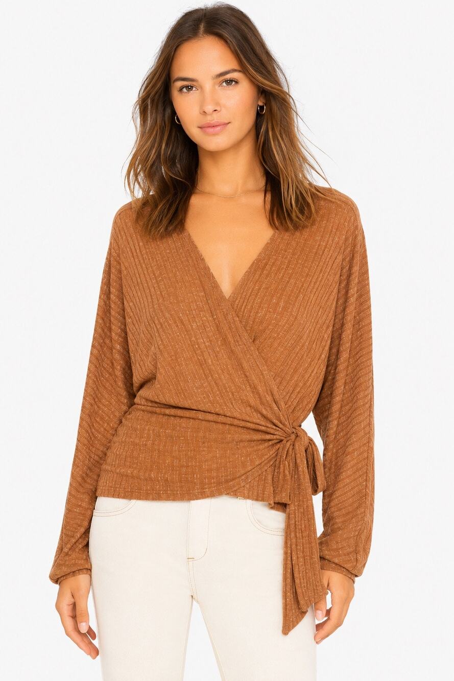 Free People East Coast Wrap Top Moroccan Spice Ribbed Knit Tie Waist NWT L